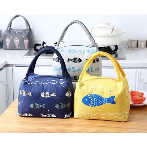 Cute Student Lunch Bag Insulated Cold Canvas Fish Printing Picnic Storage Bag Carry Case Thermal Portable Lunch Box