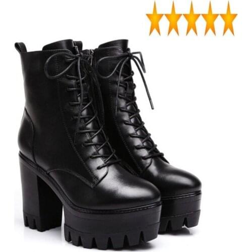 Lace Autumn Winter Genuine Leather Cross Tied Womens High Heel Round Toe Fashion Thick Bottom Warm Female Platform Boots