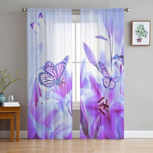 Purple Butterfly Lily Flower Tulle Window Curtain for Living Room Modern Sheer Curtain for Bedroom Kitchen Drapes Custom