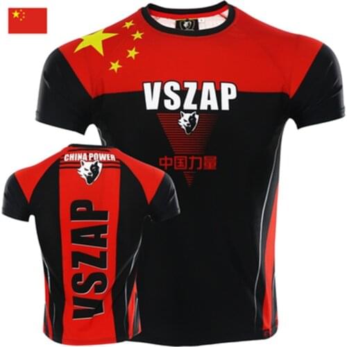 VSZAP Muay thai Red T Shirt Sports Running Mens Gym Fitness MMA Training Shirts Dry Fit Sportswear Boxing bjj Quick Dry
