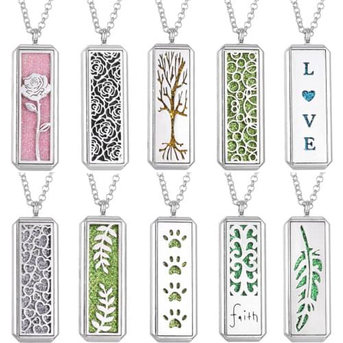 Aromatherapy Jewelry Essential Oil Diffuser Necklace Rectangle Vintage Flower Aroma Diffuser Necklace Pendant Locket Necklaces