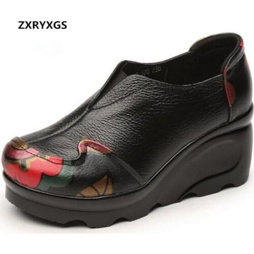 Best Sale 2020 New Spring Spell Colors Printing Genuine Leather Shoes Woman Increase Thick Bottom High Heels Women Fashion Shoes