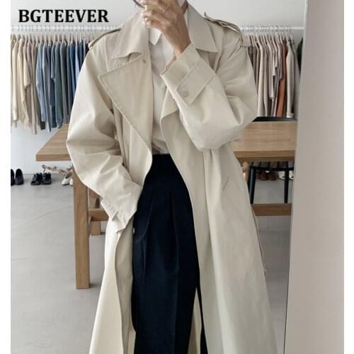BGTEEVER Elegant Lapel Oversized Women Trench Coats Long Sleeve Loose Belted Sashes Female Solid Windbreaker 2021 Autumn Winter