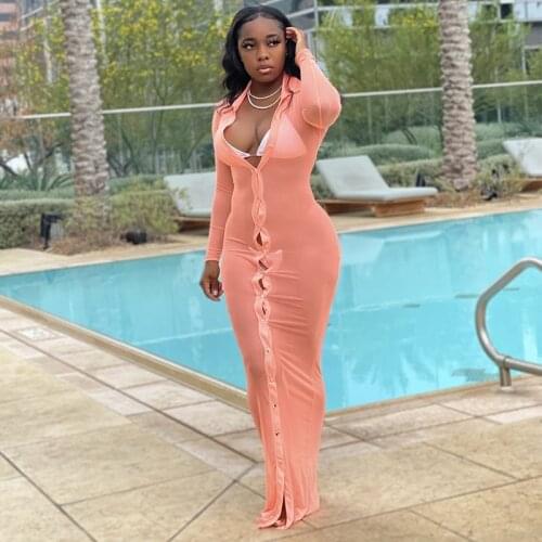 Autumn Plus Size Mesh Transparent Shirt Maxi Dress for Women Casual See Through Full Sleeve Long Beach Dresses Bikinis Cover Ups