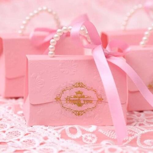 30pcs handbag shape paper pink Or blue Color wedding sweet boxes party candy boxes gift boxes with sticker
