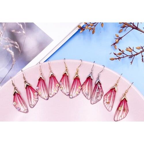 Minar Bohemian Red Gradient Resin Rhinestone Cicada Wings Earrings Simulation Butterfly Shiny Sequin Dangle Earrings for Women
