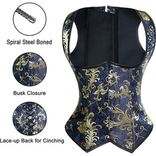 Plus Size Sexy Womens Vintage Steel Boned Lace up Back Corset Waist Training Underbust Corset and Bustier Embroidery Corset Vest