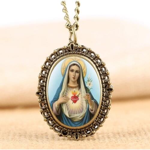 Elegant Immaculate Heart of Virgin Mary Necklace Quartz Pocket Watch Pendant Collectibles Gifts for Lady Women Religious Watch