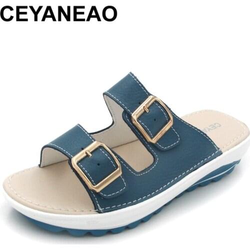 CEYANEAO Summer Women Sandals Shoes platform Leather buckle Flats Light Soft Ladies casual heel comfortable Slides C002