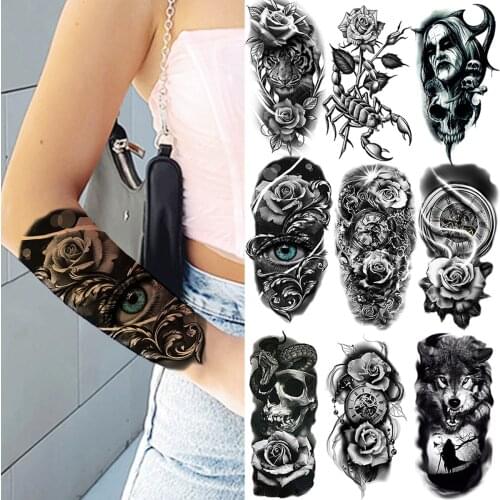 Black 3D Peony Eye Temporary Tattoos For Women Girls Tiger Scorpion Planet Ghost Snake Wolf Fake Tattoo Sticker Arm Body Tatoos