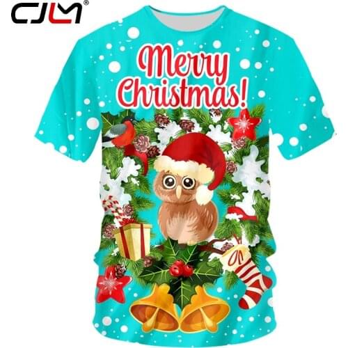 CJLM Mens Christmas T Shirt 3D Printed Lovely Owl Bell Clothing Man Casual O Neck Tshirt