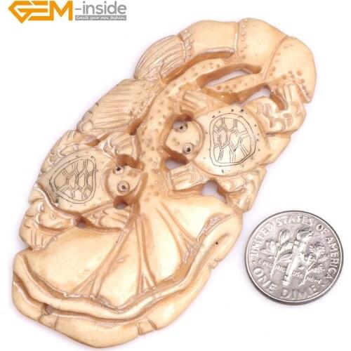 Gem-inside 1pcs Large White & Yellow Flower & Animal Carved Bone Cabochon Beads For Jewelry Making DIY Decoration Shield Pendant