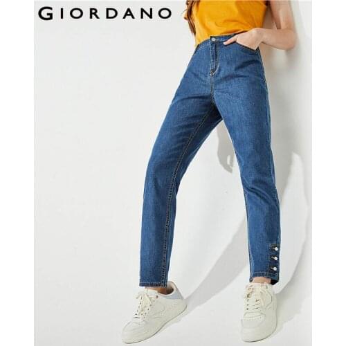 Giordano Women Jeans Button Cuffs High Rise Straight Jeans Ankle Length Zip Fly Multi Pocket Thin Jeans Mujer 05421305