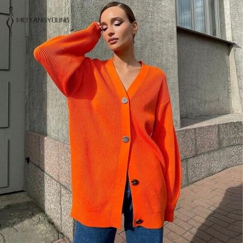 MEIYANGYOUNG V-Neck Buttons Cardigans Oversized sweater Autumn Winter Knitted Female orange Cardigan Loose Knit Women Jacket