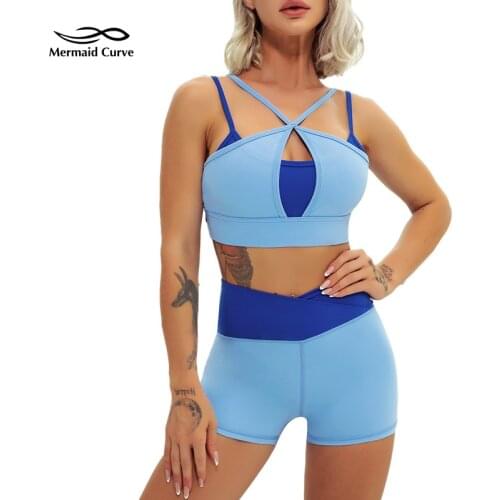 Fake 2-Piece Color Contrast Patchwork Sports Set Women Outdoor Running Yoga Bra + High Waist Cross Shorts 2-Pcs Fitness Suit