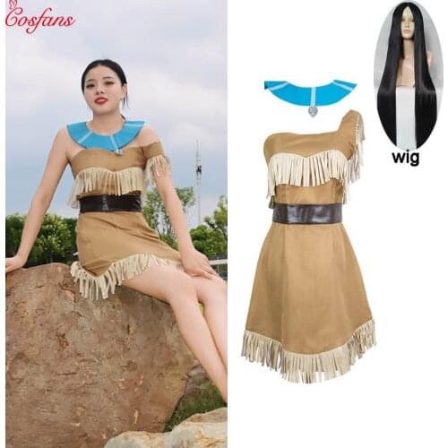 Girls Bueaty Princess Pocahontas Indian Cosplay Costume Halloween Outfit Adult Women gift Dress Belt Necklace Full set and wig