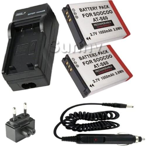 CAM SOOCOO S60 Lithium Ion Rechargeable Battery (2-Pack) +Charger For SooCoo S60 Sports Action Video Camera 3.7v 1050mAh 3.9Wh