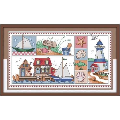 Impression of Seaside Needlework 14CT Stamped Cross Stitch Kits DMC DIY Handmade Embroidery Thread Kits 11CT Printed Fabric Aida