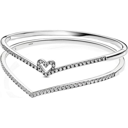 Real Sparkling Heart Wishbone Shimmering Wish Bangle 925 Sterling Silver Bracelet Fit Original Pandora Bead Charm Diy Jewelry