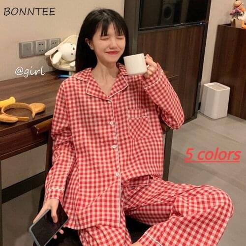 Pajama Sets Plaid Preppy Long Sleeve Soft Lovely Nightwear Loose Trendy Daily Chic 2 Piece Korean Style Sleepwear Spring Simple