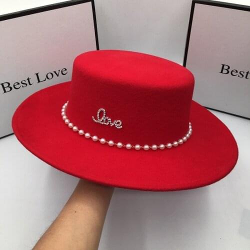 Fedora spring and autumn winter new wool hat for women Big red eaves flat-topped fashion in Europe and America