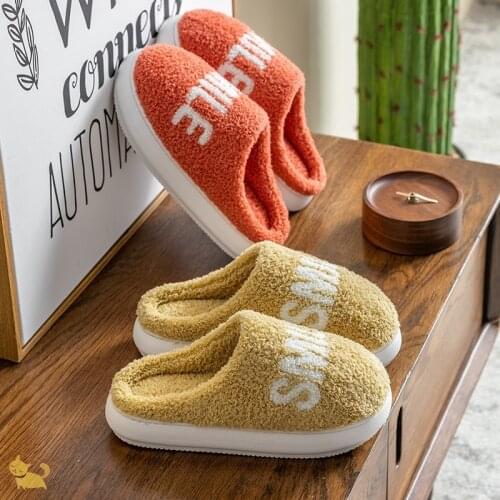 Women Plush Slippers Cute Big Smile High Heel Winter Warm Furry Thick Sole Shoes Home Indoor Ladies Girls Fur Slides zapatillas