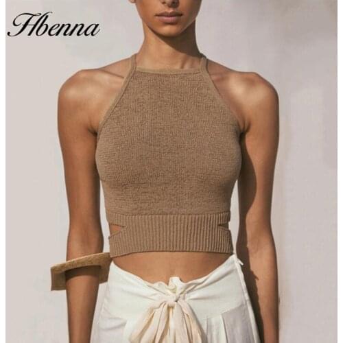 Hbenna knitting Camis Women Summer Crop Top Women Solid Criss Cross Backless Laceup Fashion Sexy Sleeveless Slim Tank Top Women