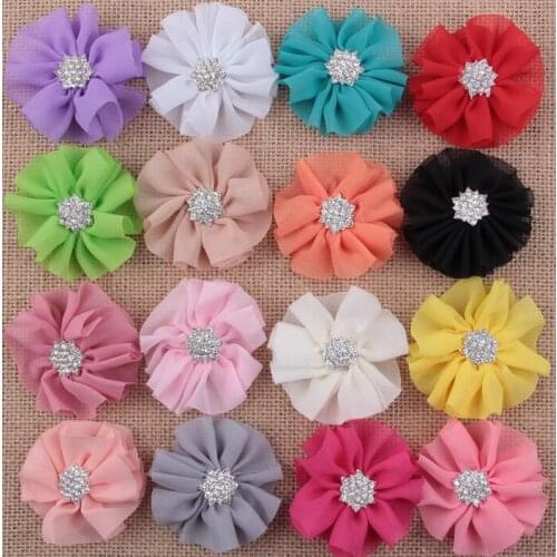 Yundfly 6cm Fluffy Ballerina Chiffon Flowers with Rhinestone Snow Button Artificial Fabric Flowers For Baby DIY Headbands