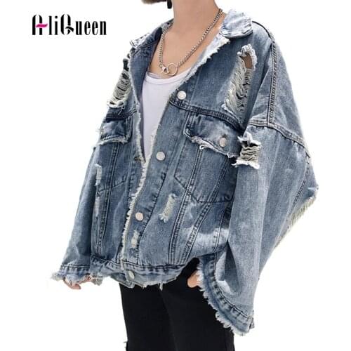 Ripped Hole Denim Coat Women Retro Frayed Punk Jeans Jackets Autumn Harajuku Oversized Outerwear Loose Mujer Chaqueta Streetwear