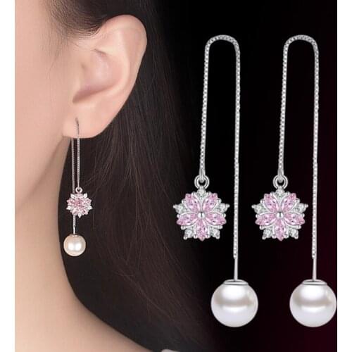 ANENJERY 925 Sterling Silver Pink Crystal Micro Zircon Cherry Blossom Flower Pearl Tassel Earrings For Women Girl S-E567
