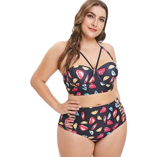 Wipalo Women Fashion Lip Print Plus Size Halter Neck Beach Set Two Pieces Ladies Swim Wear Casual 2019 Summer Beach Bathing Suit