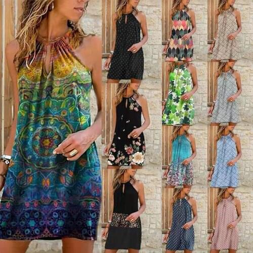 Sexy Sling Halter Printing Spaghetti Strap Summer A-line Female Dress Off Shoulder Elegant Hollow Out Womens Sleeveless Dresses