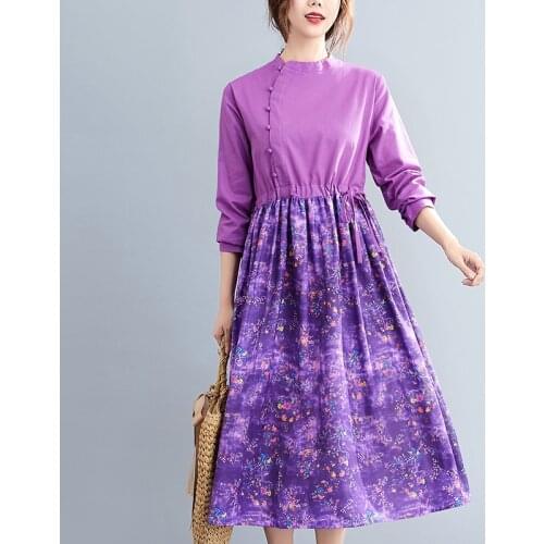 2021 New Arrival Long Sleeve Autumn Dress Patchwork Print Floral Vintage Chinese Style Dress Women Spring Casual Midi Dress