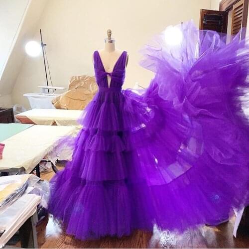 Real Image Purple Puffy Tulle Evening Dress Sexy V Neck Ruffles Tiered Long Prom Gowns Formal Party Dresses Robe De Soiree