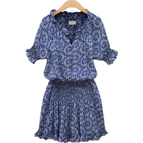 Casual Women Short Sleeve V Neck Buttons Floral Print Large Hem Party Mini Dress for Beach Vacation