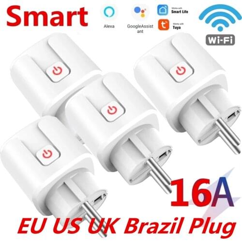16A EU US Brazil Smart Wifi Plug with Power Monitor Smart Home Wifi Wireless Socket Outlet Works with Alexa Google Home Tuya App