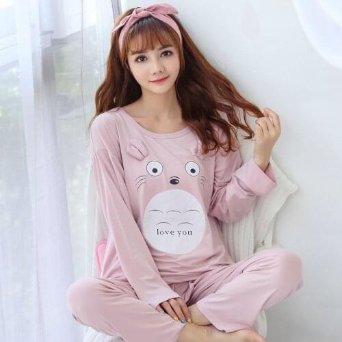 2019 Spring Autumn Long Sleeve Thin Pajama Sets for Women Cute Girls Cartoon Totoro Sleepwear Homewear Pijama Mujer Home Clothes