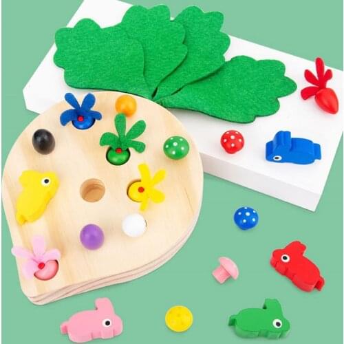 Kids Wooden Rabbit Pulling Carrots Mushrooms Puzzle Game Children Early Educational Toys Parent-child Indoor Interactive Games