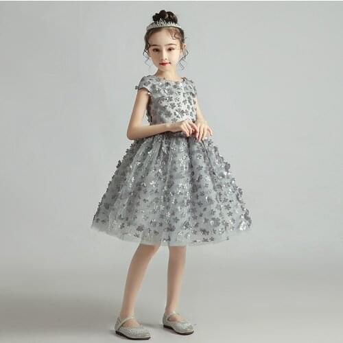 Flower Girl Dresses Illusion Embroidery Appliques Knee-Length Short O-Neck Tulle Princess Luxury Gray Lace Kids Party Gown H344