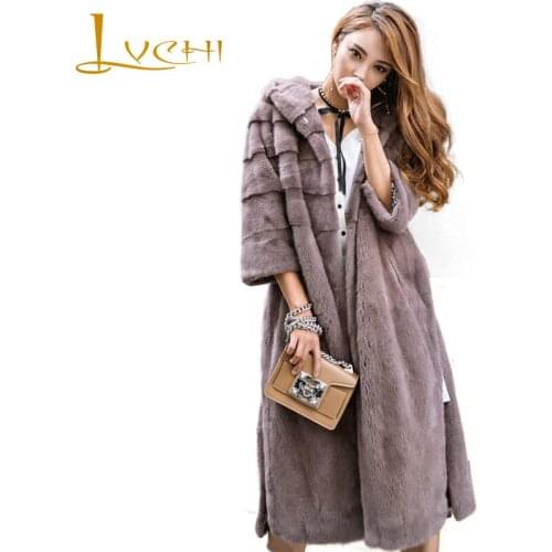 LVCHI Winter 2019 Import Swan Velvet Real Mink Fur Coat Solid Milk Womens Natural Fur With Fur Hood Nine Quarte Long Mink Coats