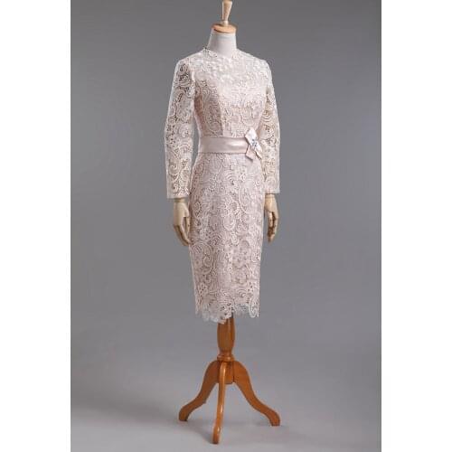 Champagne Lace Long Sleeve Mother of the bride dresses Knee-Length O-neck Wedding Mother Prom Dress