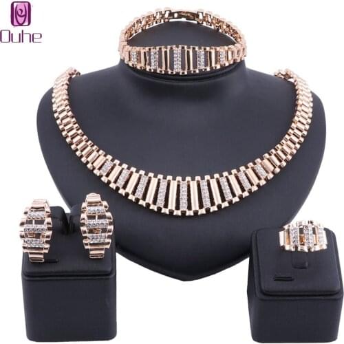 Fashion African Beads Jewelry Sets For Women Wedding Vintage Dubai Gold Crystal Necklace Earring Ring Bracelet Jewellery Sets