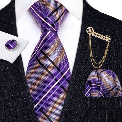 Fashion Designer Purple Plaid Men Tie Gold Brooches Silk Tie Handkerchief Set Neck Tie For Men Groom Gift Business Barry.Wang