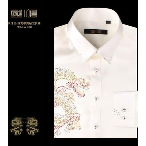 Mens silk mens pure color hot diamond dragon silk long sleeve mens shirt lapel shirt white