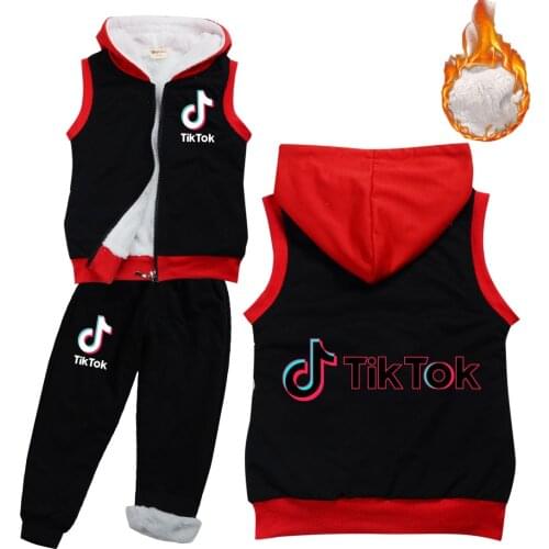 TIK TOK New Boys Girls Winter Set Kids Sports Heavy Hoodie Vest + Pants 2 Piece Set Kids Apparel Boys Sweatshirt Casual Suit