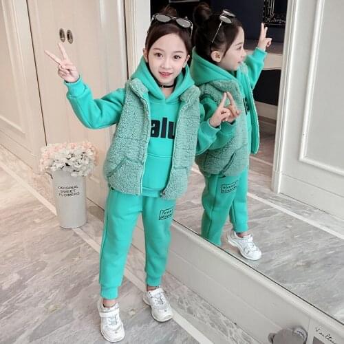 3-12T Girls Winter Clothing Set 2021 New Fashion Warm 3 pieces (Vest+hoodies+pants) Clothing Suit High Quality Green Pink Orange