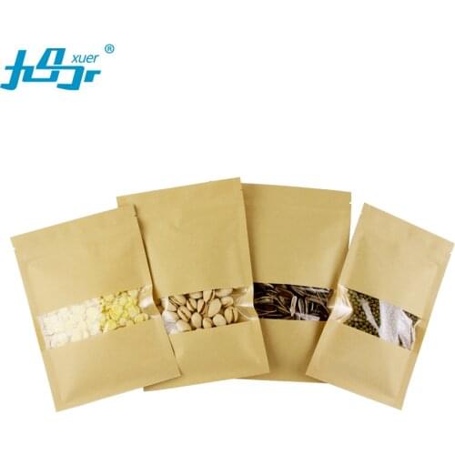 High quality stock size 50pcs food grade Brown Kraft paper flat zip lock bags with clear Window,food zip bag package coffee bag