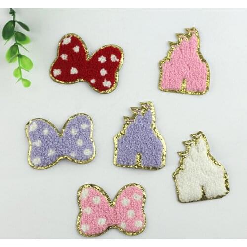 Bow Castle Colorful Chenille Gold Glitter Patches Towel Embroidery Gritt Self Adhesive Stickers Bag Phone Notebook DIY Accessory