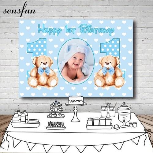 Sensfun Blue Little Boy 1st Birthday Party Backdrop For Photography Bear Baby Shower Newborn Background Customized Photos Text