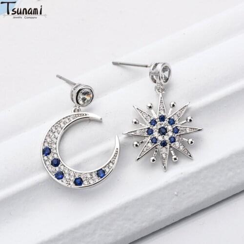 Ins Fashion Trend Style Asymmetric Earrings Star Moon Bling Zircon Stone Stud Earrings For Women Popular Jewelry New Arrival